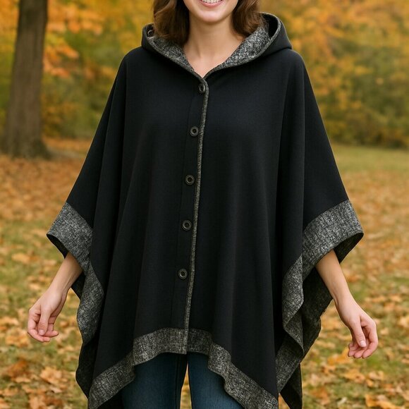 Capote Jackets & Blazers - Capote Women Hooded Cape Faux Fur Trim Black Size M/L Casual Poncho